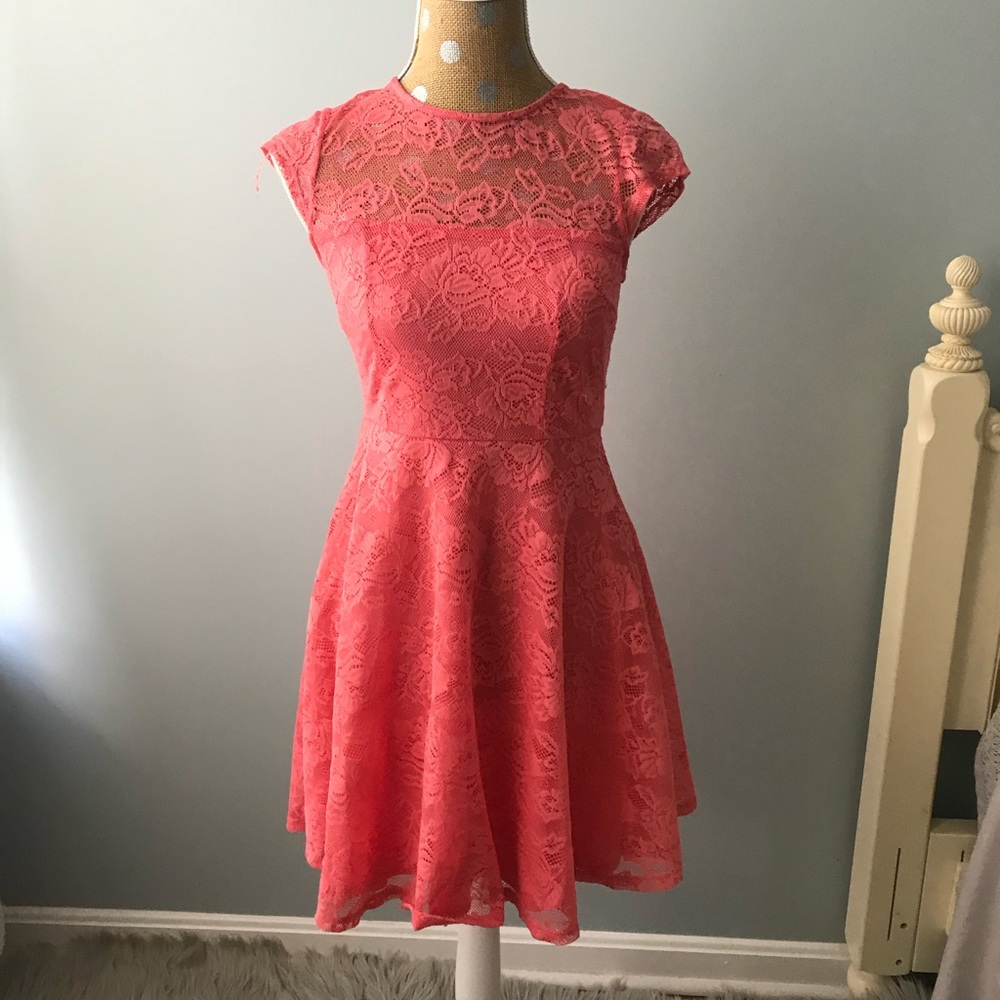 R&K Coral Lace Cap Sleeve Dress